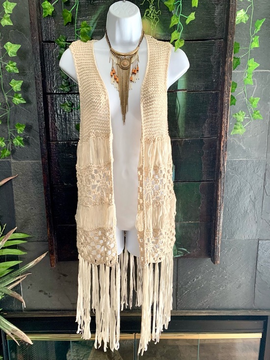 Boho Hippie Crochet Festival Fringe Open Knit Vest- M - Picture 3 of 13